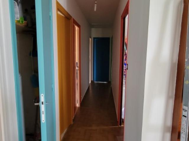 Couloir revisité : portes colorées inspirées du papier peint du salon