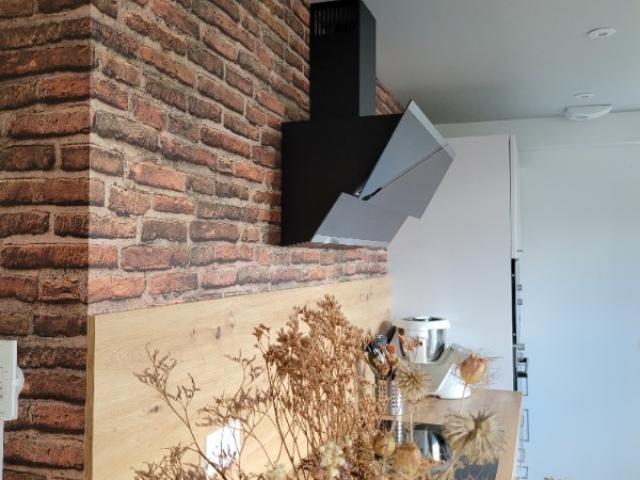 Peinture beige pour délimiter la cuisine d’une pièce de vie ouverte