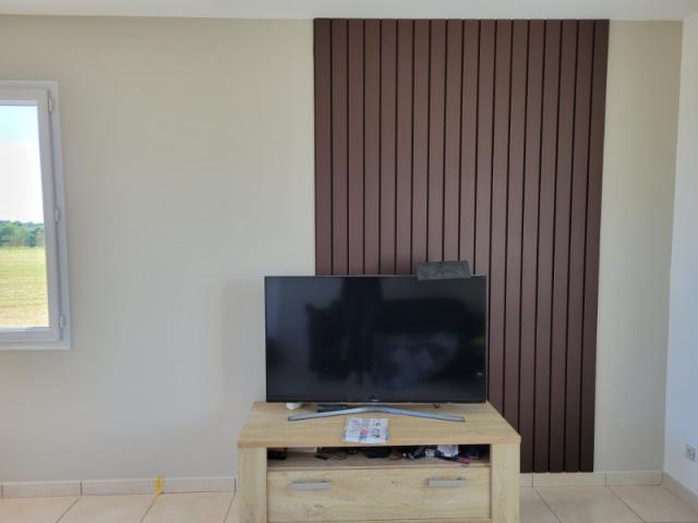 Un mur signature : 3D Orac Decor peint brun profond et tasseaux bois