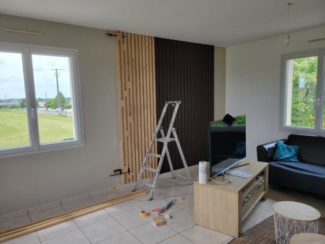 Un mur signature : 3D Orac Decor peint brun profond et tasseaux bois